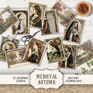 May include: A collection of 12 medieval autumn journal cards with vintage illustrations of women, landscapes, and autumn foliage. The cards are arranged on a white wooden surface with scissors and a small dish.