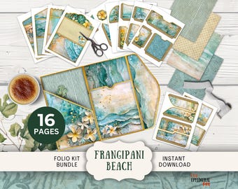 Frangipani Beach Junk Journal Folio Kit, 16 Digital Mix and Match Pages & Pockets 11 x 8.5&quot; Printable trifold Coastal Summer Floral FRBE