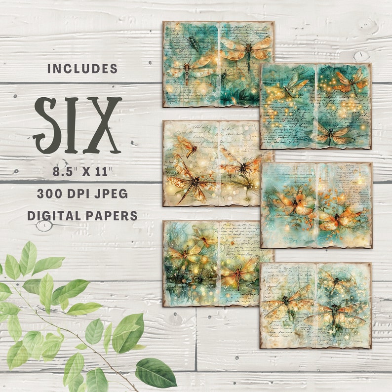 May include: Six digital papers featuring a vintage book page background with delicate dragonfly illustrations and glowing lights. Each paper is 8.5 inches by 11 inches and 300 DPI.
