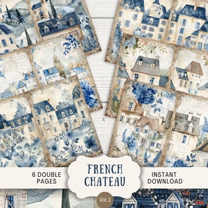 Franse Chateau Junk-dagboekpagina's, 6 digitale plakboekpagina's, 11 x 8,5" afdrukbaar dagboek, Ephemera, Art Journal, chinoiserie blauwe stad Parijs