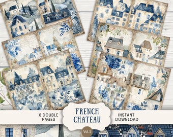 French Chateau Junk Journal Pages, 6 Digital Scrapbook Pages, 11 x 8.5" Printable Journal Ephemera, Art Journal, Chinoiserie Blue Paris town