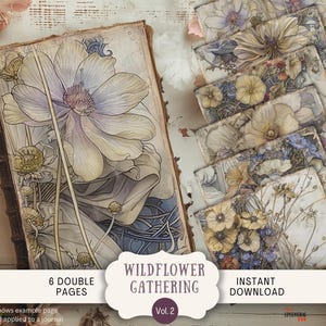 Diario basura con flores silvestres vintage, 6 páginas, papel digital para álbum de recortes, imprimible, estilo carta de EE. UU., recolección de flores silvestres vintage caprichosas WFGA2