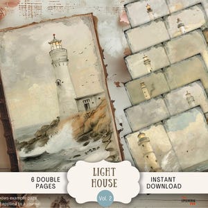 Verträumte Leuchtturm Junk Journal Seiten 6 Digital Scrapbook Seiten 11 x 8,5" Art Printable Digital Papier Leuchtturm Strand Nautik Ozean LIHO