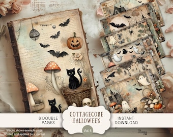Könnte beinhalten: Ein Halloween-Tagebuch im Vintage-Stil mit Illustrationen von Fledermäusen, Kürbissen und schwarzen Katzen. Das Tagebuch wird von mehreren dekorierten Seiten mit ähnlichen Motiven begleitet, darunter Geister und Pilze. Die Wörter "COTTAGECORE HALLOWEEN" und "INSTANT DOWNLOAD" sind sichtbar.
