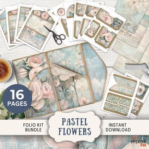 Pastel Blue and Pink Floral Junk Journal Folio, 16 Digital Mix and Match Seiten und Taschen 11 x 8,5 "Printable hübsche Rosen und Pfingstrose dreifach