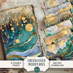 Goud en groene waterval ongewenste dagboekpagina's, 6 digitaal plakboekpapier, 11 x 8,5" Dark Moody Lux gouden folie, vintage berglandschap