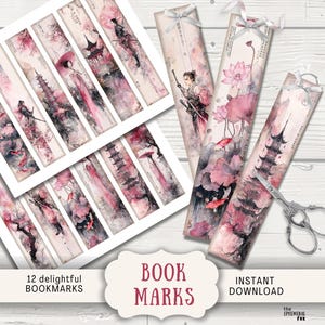 以下が含まれることがあります： 水彩画のしおり。アジア風のアートが特徴です。ピンク、黒、白を基調とした、塔、鯉、人物が描かれています。画像には、2組のしおりと装飾的なハサミが含まれています。画像には「12 delightful BOOKMARKS」と書かれています。