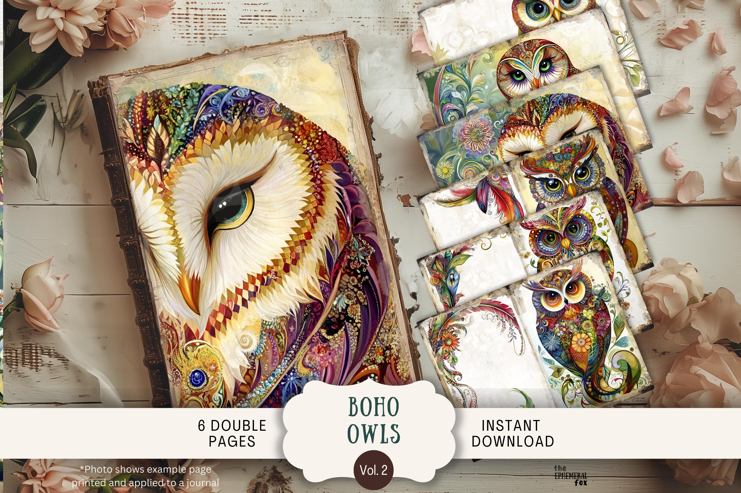 Boho Whimsical Owls Junk Journal Pages 6 Digital Scrapbook Papers 11 x 8.5" Art Printable Vinta