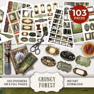 May include: A digital download of 103 forest-themed digital papers and elements, perfect for scrapbooking, card making, and other crafting projects. The image shows a variety of designs, including leaves, branches, and woodland creatures. The text "103 Pieces" and "Grungy Forest" is visible in the image.