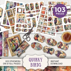 Quirky Birds Ephemera Kit: Etiquetas de diário de lixo Mini-envelopes de filme Abas Etiquetas Marcadores Molduras MiniCards e ingressos, Patchwork engraçado QIBR