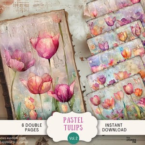 Páginas de diario vintage con tulipanes, efímera floral imprimible con diseño de letras de EE. UU., papel de álbum de recortes estilo shabby chic, arte floral antiguo RATU2