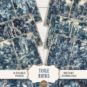 Ruines Junk Journal Pages, 6 papiers de scrapbooking numérique, 11 x 8,5 pouces de journal imprimable éphémères, chinoiseries vintage toile de Jouy bleu et blanc