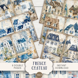 Franse Chateau Junk-dagboekpagina's, 6 digitale plakboekpagina's, 11 x 8,5" afdrukbaar dagboek, Ephemera, Art Journal, chinoiserie blauwe stad Parijs