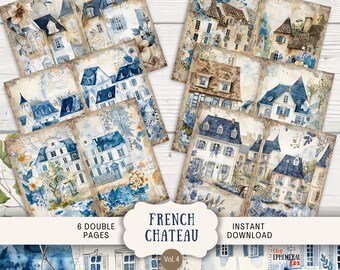 French Chateau Junk Journal Pages, 6 Digital Scrapbook Pages, 11 x 8.5" Printable Journal Ephemera, Art Journal, Chinoiserie Blue Paris town
