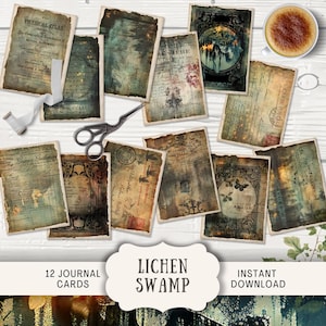 Cartes de journal des marais lichen, 12 cartes de journal numérique indésirable, journal imprimable éphémère, cartes ATC créations artisanales en papier mini carte libellule d'étang