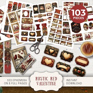 Kit de diario basura rústico de San Valentín rojo: etiquetas, boletos, minisobres, minitarjetas, etiquetas, tiras de película, marcos y pestañas, corazones, amor RRVA