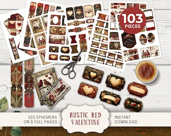 Rustic Red Valentine Junk Journal Ephemera Kit- Tags Tickets Mini-envelopes, mini-cards labels film strips frames & tabs hearts love RRVA