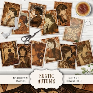 Carnets rustiques d'automne, 12 cartes numériques ATC, éphémères imprimables, gravure sur bois vintage artisanat en papier automne / cartes portrait victorien automne