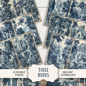Pages de journal indésirable toile ruines, 6 pages de scrapbooking numérique, journal éphémère imprimable 11 x 8,5 po, journal d'art, toile de Jouy bleue chinoise