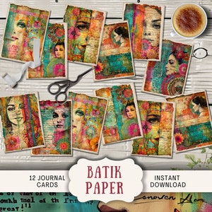 Cartes de journal hippie batik, 12 cartes de journal numérique indésirable, journal imprimable éphémère, femme groovy des années 70 avec batik vif rose et bleu sarcelle