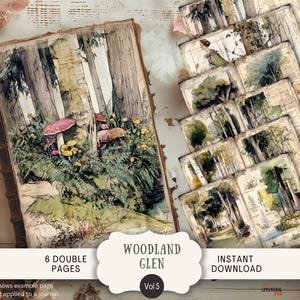 May include: A vintage-style journal and several cards with woodland illustrations. The journal features a forest scene with mushrooms. The cards depict various forest landscapes. Text on the image includes "Woodland Glen" and "Instant Download."