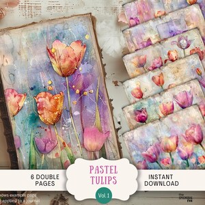 Páginas de diario vintage con tulipanes, efímera floral imprimible con diseño de letras de EE. UU., papel de álbum de recortes estilo shabby chic, arte floral antiguo RATU1