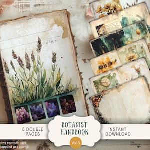 Botanist Handbook Junk Journal Pages 6 fogli di carta per scrapbooking digitale 11 x 8,5" Whimsical Printable Vintage Victorian Botanical Field Guide BTHB
