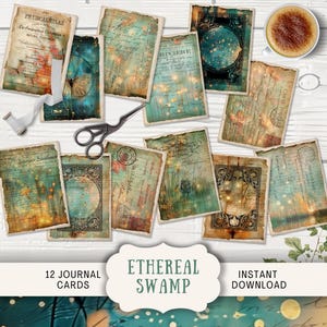 Ethereal Swamp Journal Cards, 12 cartes de journal numérique indésirable, journal imprimable éphémère, lucioles vintage papier craft libellules étang