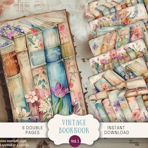 May include: Vintage book nook digital paper pack with 6 double pages featuring watercolor illustrations of books, flowers, and a vintage aesthetic. The paper pack is available for instant download.