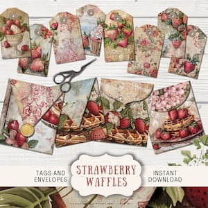 Erdbeer Waffel Junk Journal Ephemera Tags und Umschläge, 4 Digital Junk Journal Printable Paper Craft Umschläge, 8 Tags und Erdbeer Tags