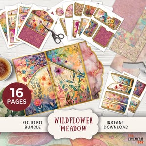 Folio pour journal indésirable Meadow Wildflower, 16 pages numériques à agencer et à agencer et pochettes 11 x 8,5 po. Fleurs sauvages pastel imprimables à trois volets WFME