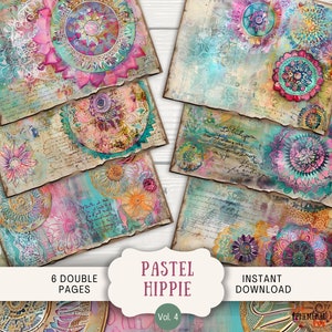 Pagine di diario spazzatura hippie mandala pastello, 6 pagine di album di ritagli digitali 11 x 8,5" Art Journal stampabile Ephemera Vintage Batik Art Journal HIMA4