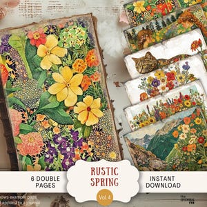 Páginas de diario basura de primavera, imprimible floral vintage, descarga digital de carta estadounidense, papel con estética cottagecore, álbum de recortes de flores silvestres OPSP4