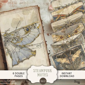 Papillons victoriens Steampunk Junk Journal Pages 6 papiers de scrapbooking numérique 11 x 8,5" Art imprimable vintage neutre insecte Luna Mystic Moth VCMT