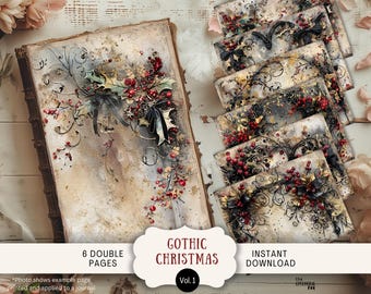 Gothic Christmas Junk Journal Pages 6 Digital Scrapbook Papers 11 x 8.5" Art Printable Spooky Holly Ribbons Arches Black Red Papers GOCR