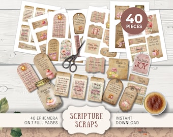 May include: A collection of 40 scripture scrap ephemera pieces on 7 full pages. The set includes tags, labels, and decorative elements with floral and gingham patterns. The words "Scripture Scraps" and "Instant Download" are also visible.