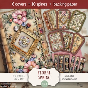 Kit de capa: capas e lombadas de diário floral primavera Junk, carta dos EUA, 300 DPI, capa superior, boho, vintage, flores, verão, neutro, rosa, verde, boho, FLSP