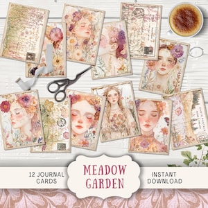 以下が含まれることがあります： 花冠をつけた女性とヴィンテージの植物要素を描いた水彩イラストが特徴の、12枚のジャーナルカードのコレクション。カードは白い木の表面に配置され、コーヒーカップとハサミが添えられています。「Meadow Garden」の文字が表示されています。