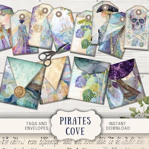 Etichette e buste per effimeri del diario di Treasure Island Junk, 4 creazioni di carta stampabili digitali, pirati stravaganti, teschi, nautica, mare, marinaio PICV