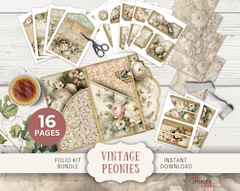 White Vintage Peony Junk Journal Folio, 16 Digital Mix and Match Pages and Pockets 11 x 8.5" Printable  vintage shabby chic peonies trifold