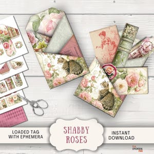 Shabby Roses Loaded Tags Junk Journal Printable pockets ephemera tickets labels kit whimsical dreamy shabby chic floral botanical SHRS