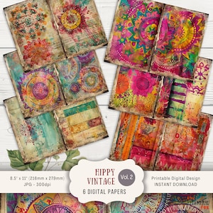 Páginas de diario basura hippie vintage, 6 páginas de álbum de recortes digitales de 11 x 8,5 pulgadas, papel efímero para manualidades, estilo hippie retro, fresco y vibrante de los años 60
