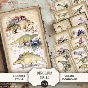 Puede incluir: Un diario y tarjetas de notas de estilo vintage con ilustraciones de dinosaurios. El diario muestra dibujos de dinosaurios con detalles botánicos. Las tarjetas de notas presentan varios dinosaurios. El texto en la imagen dice "Dinosaur Notes Vol 4" y "Instant Download."