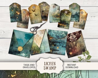 May include: A set of digital printable tags and envelopes featuring a whimsical swamp scene with glowing lights, butterflies, and a lichen-covered tree. The text "Lichen Swamp" is included in the image.