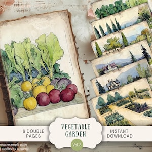 Páginas de diario basura de huerto de acuarela 6 papeles de álbum de recortes digitales para imprimir caprichosos vegetales cosecha de primavera jardinería descuidada WTVG3