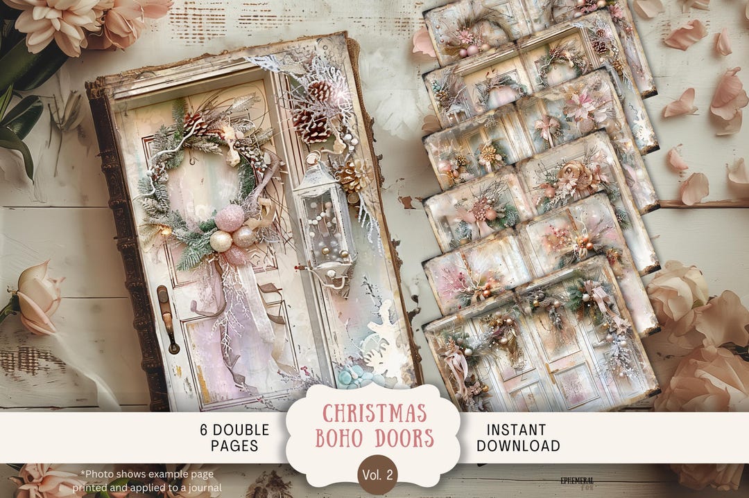 Boho Neutral Christmas Doors Junk Journal Pages, 6 Digital Scrapbook ...