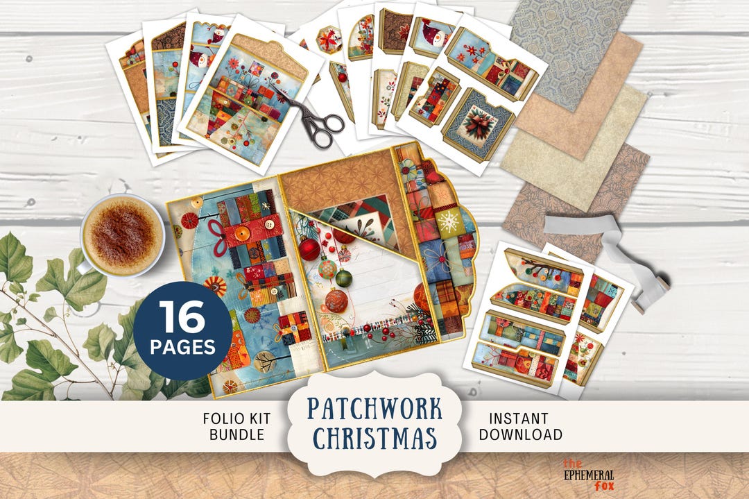 Patchwork Christmas Junk Journal Folio Kit, 16 Digital Mix and Match ...