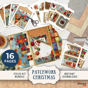 Kit folio pour carnet de Noël en patchwork, 16 pages numériques à agencer et à agencer et pochettes, impression 3 volets (11 x 8,5 po.) Rustic Country Shabby PACH