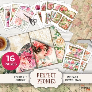Diario basura en folio Perfect Peonies, 16 páginas y bolsillos combinables y digitales, kit de tríptico floral victoriano para imprimir digitalmente, 11 x 8,5"