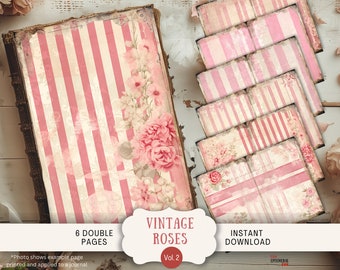 Stripes and Roses Junk Journal Pages, 6 Digital Scrapbook Pages 11 x 8.5" Art Printable Journal Ephemera, Vintage Roses, Floral Pink & Cream